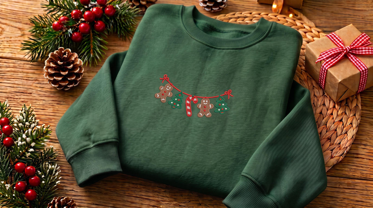 Christmas Gingerbread Embroidered Sweatshirt, Xmas Tree Garland Holiday Crewneck