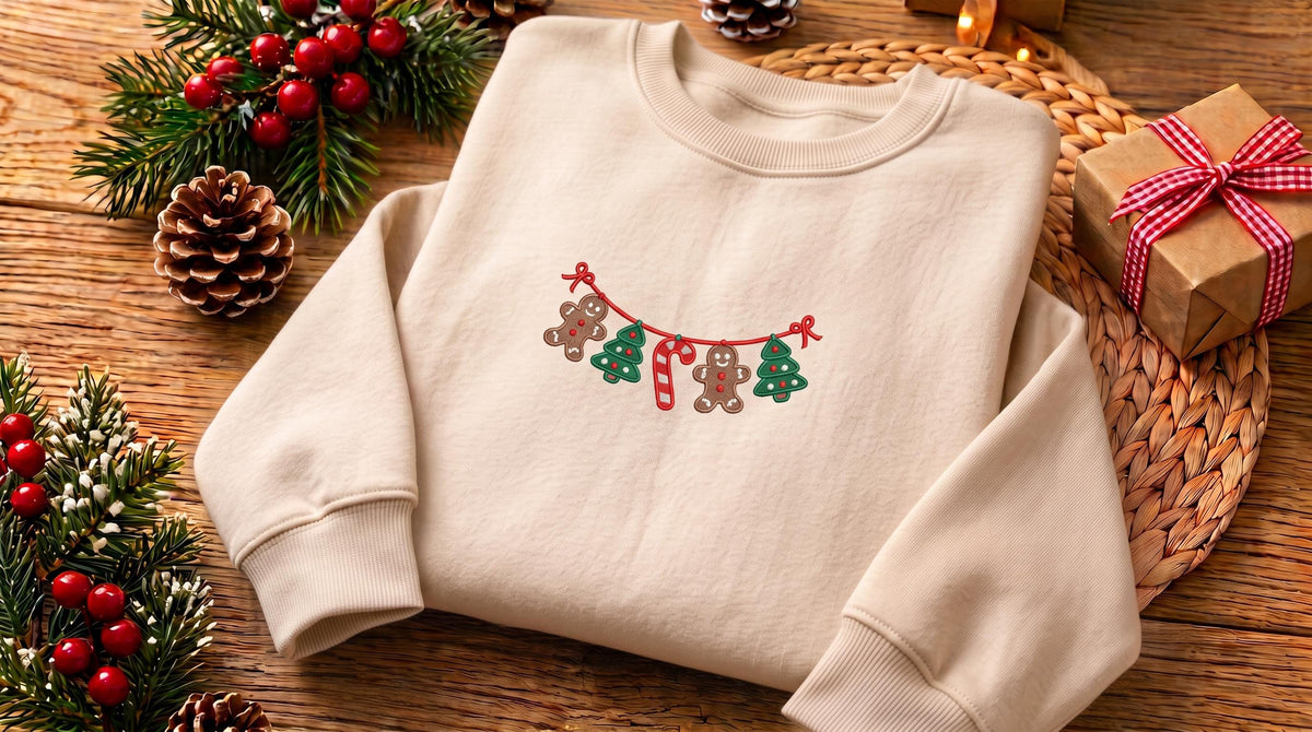 Christmas Gingerbread Embroidered Sweatshirt, Xmas Tree Garland Holiday Crewneck