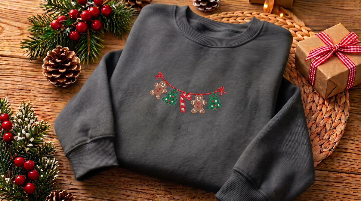 Christmas Gingerbread Embroidered Sweatshirt, Xmas Tree Garland Holiday Crewneck