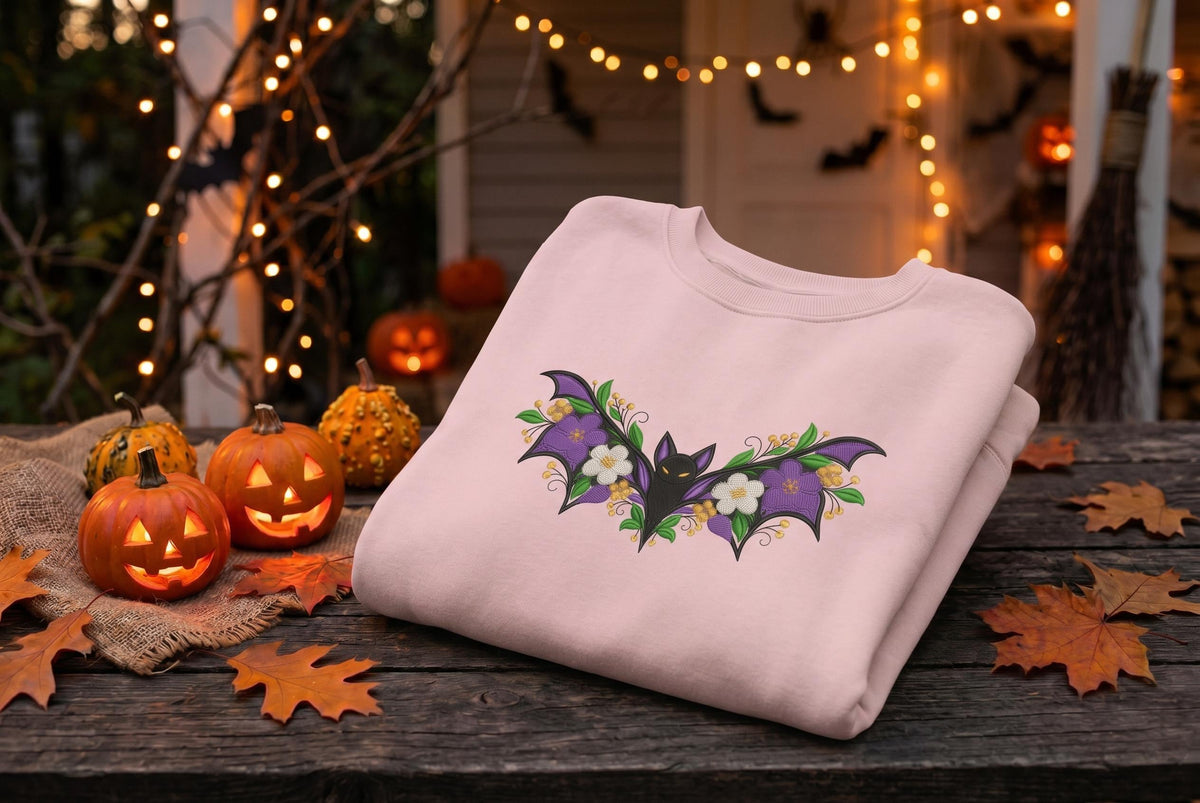 Embroidered Botanical Floral Bat Sweatshirt, Fall Halloween Crewneck