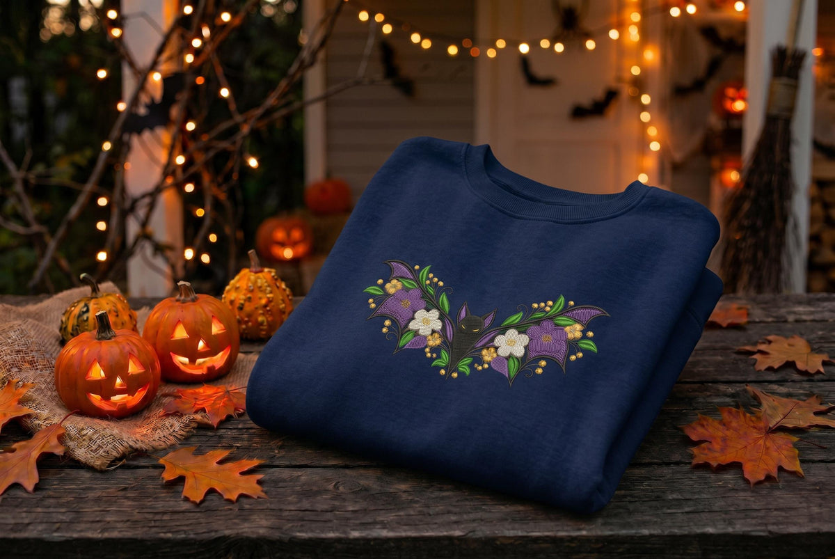 Embroidered Botanical Floral Bat Sweatshirt, Fall Halloween Crewneck
