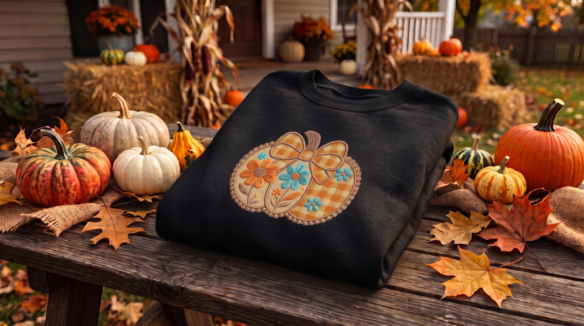 Embroidered Fall Pumpkin Sweatshirt, Floral Patchwork Autumn Crewneck