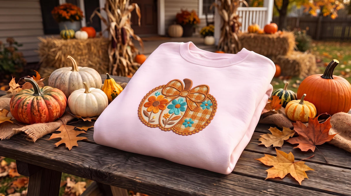 Embroidered Fall Pumpkin Sweatshirt, Floral Patchwork Autumn Crewneck