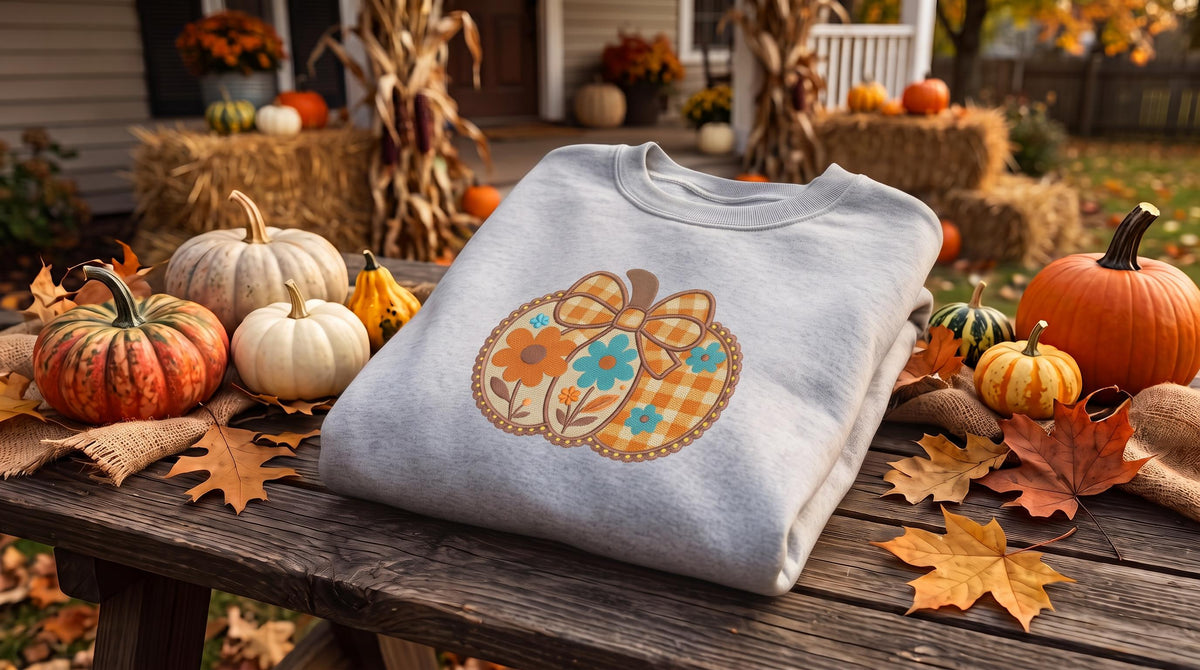Embroidered Fall Pumpkin Sweatshirt, Floral Patchwork Autumn Crewneck