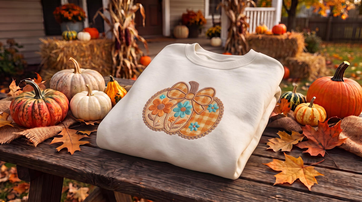 Embroidered Fall Pumpkin Sweatshirt, Floral Patchwork Autumn Crewneck