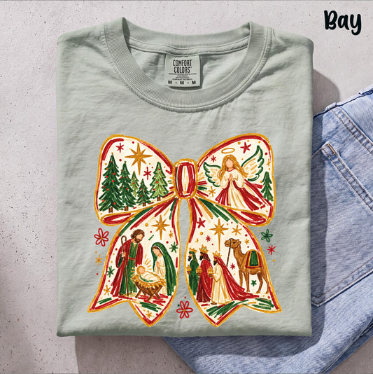 Coquette Bow Nativity Scene Comfort Colors® Shirt, Christian Christmas Gift Tee