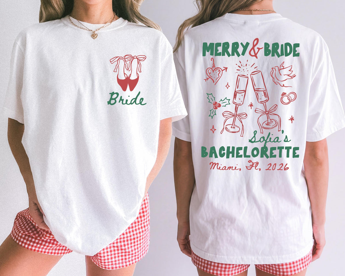 Personalized Merry Bride Comfort Colors® T-Shirt, Christmas Bachelorette Party Tee