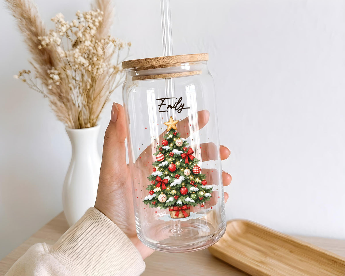 Custom Name Christmas Character Glass Can Cup, Personalized Holiday Bamboo Lid Tumbler