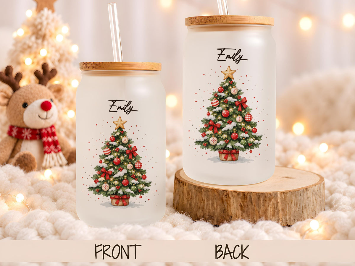 Custom Name Christmas Character Glass Can Cup, Personalized Holiday Bamboo Lid Tumbler