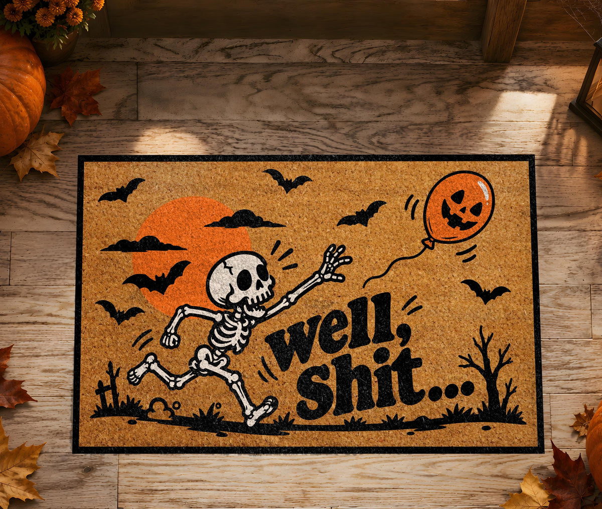 Funny Skeleton Well Shit Halloween Doormat, Spooky Pumpkin Balloon Porch Welcome Mat