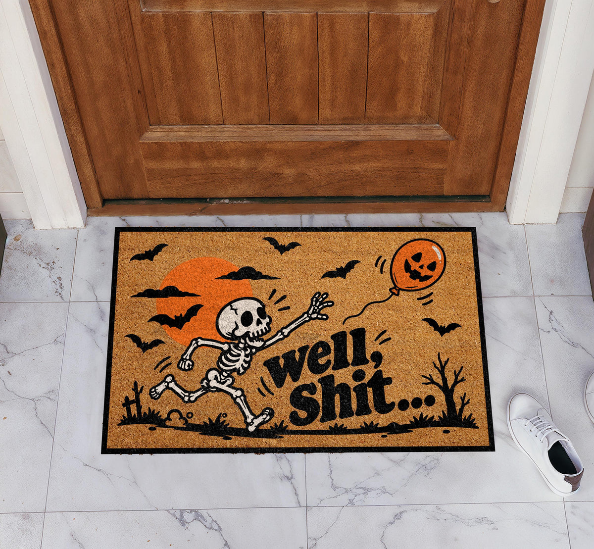 Funny Skeleton Well Shit Halloween Doormat, Spooky Pumpkin Balloon Porch Welcome Mat