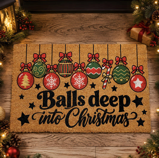 Balls Deep Into Christmas Doormat, Funny Xmas Ornaments Welcome Mat