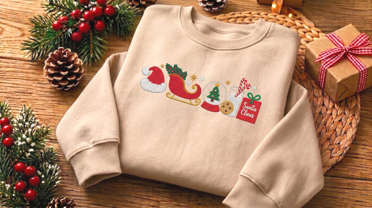Embroidered Christmas Sweatshirt, Santa Sleigh and Snow Globe Crewneck