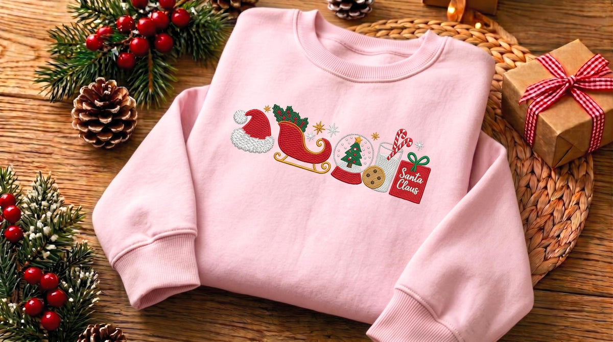 Embroidered Christmas Sweatshirt, Santa Sleigh and Snow Globe Crewneck