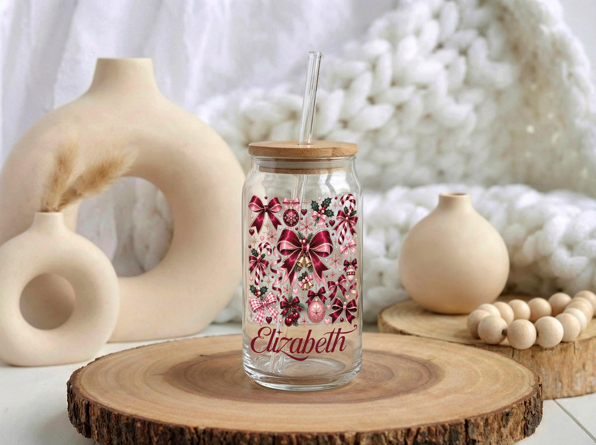 Custom Name Coquette Christmas Bow Glass Can Cup, Bamboo Lid Iced Coffee Tumbler
