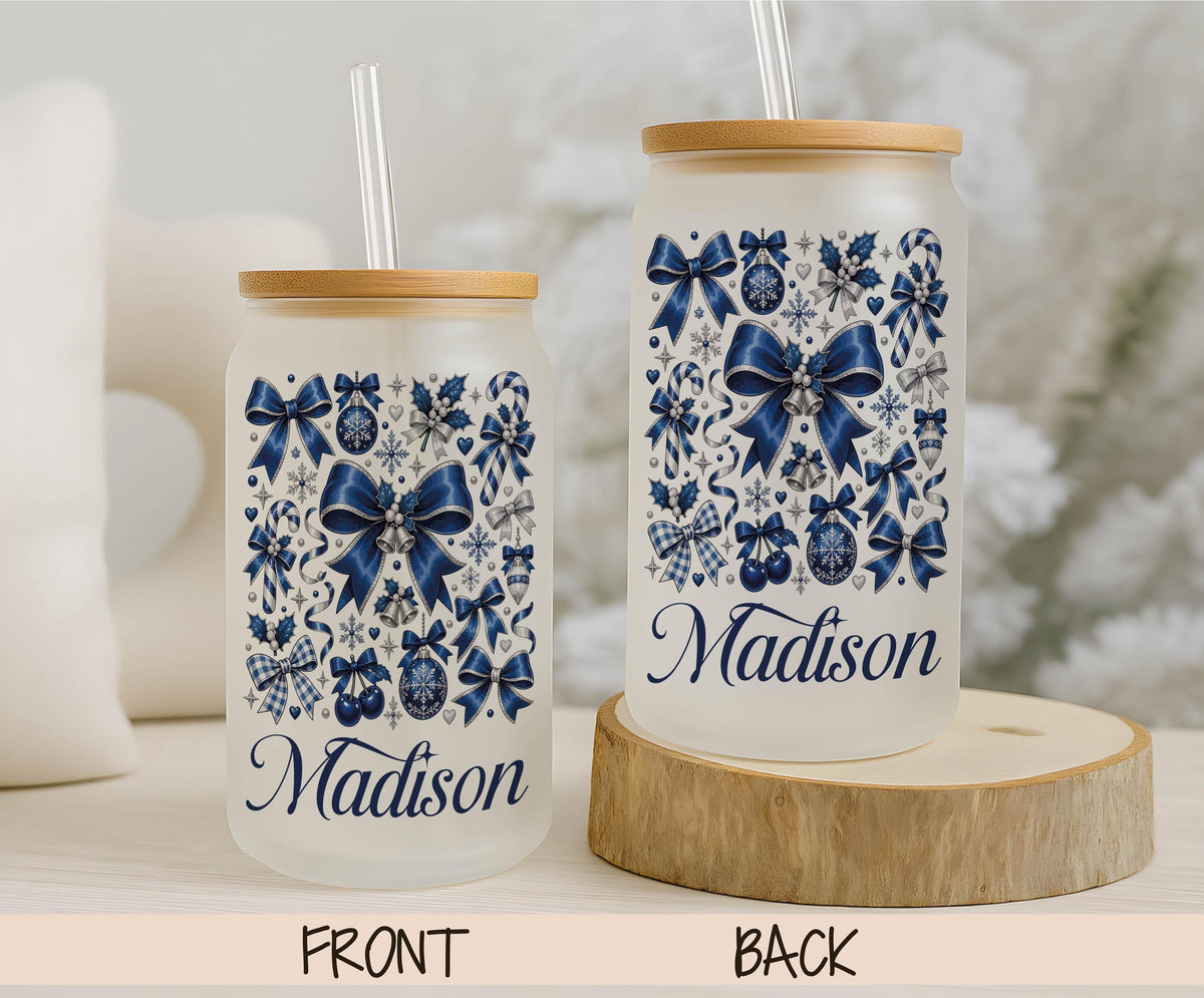 Custom Name Coquette Christmas Bow Glass Can Cup, Bamboo Lid Iced Coffee Tumbler