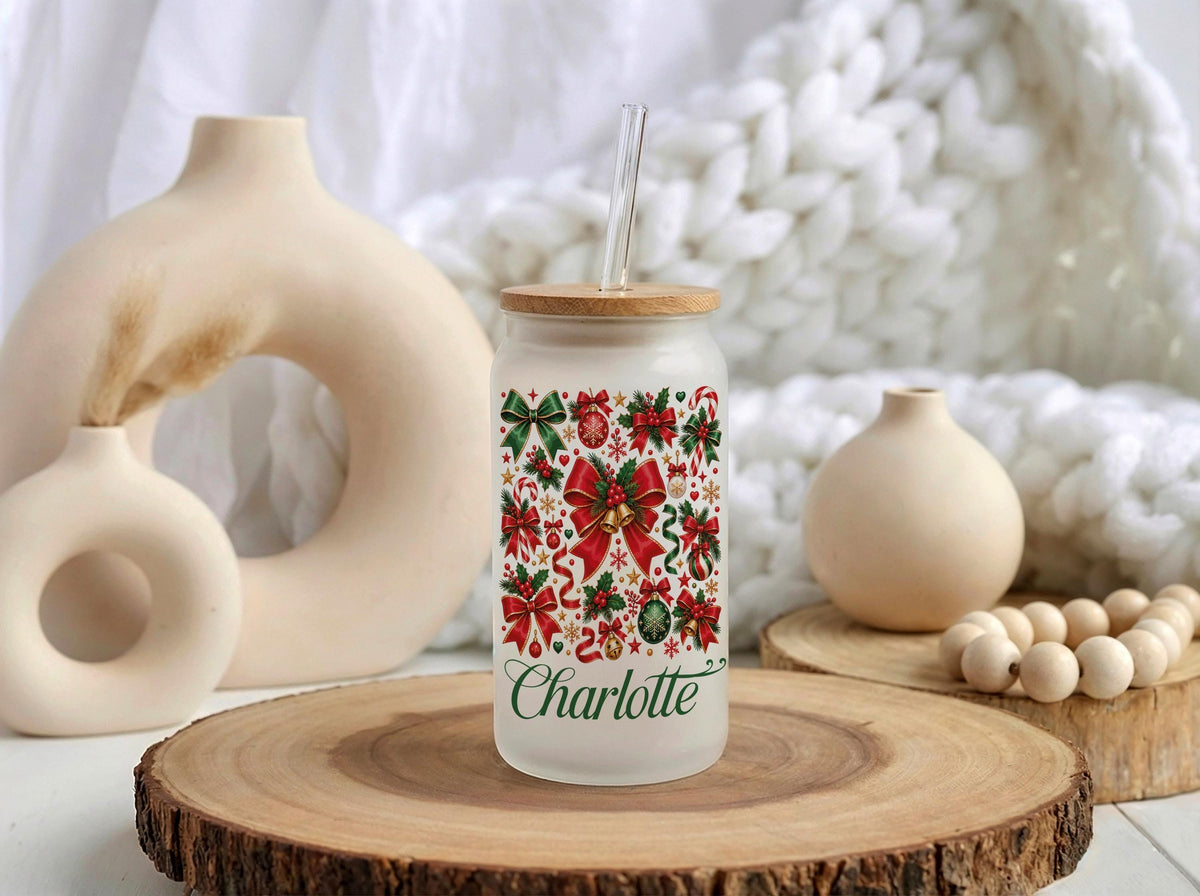 Custom Name Coquette Christmas Bow Glass Can Cup, Bamboo Lid Iced Coffee Tumbler