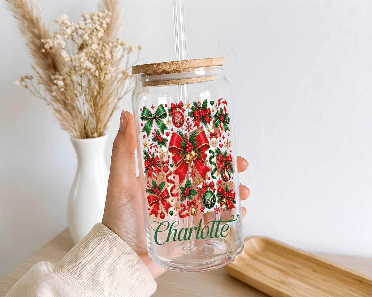 Custom Name Coquette Christmas Bow Glass Can Cup, Bamboo Lid Iced Coffee Tumbler