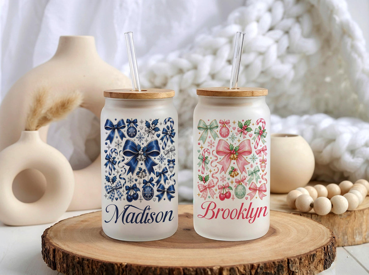 Custom Name Coquette Christmas Bow Glass Can Cup, Bamboo Lid Iced Coffee Tumbler