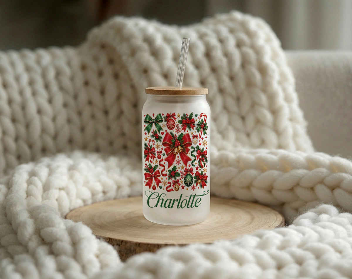 Custom Name Coquette Christmas Bow Glass Can Cup, Bamboo Lid Iced Coffee Tumbler