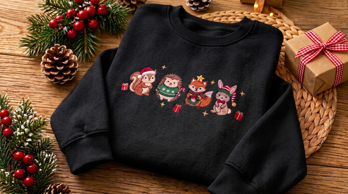 Woodland Animals Christmas Sweatshirt, Festive Fox and Hedgehog Embroidered Crewneck