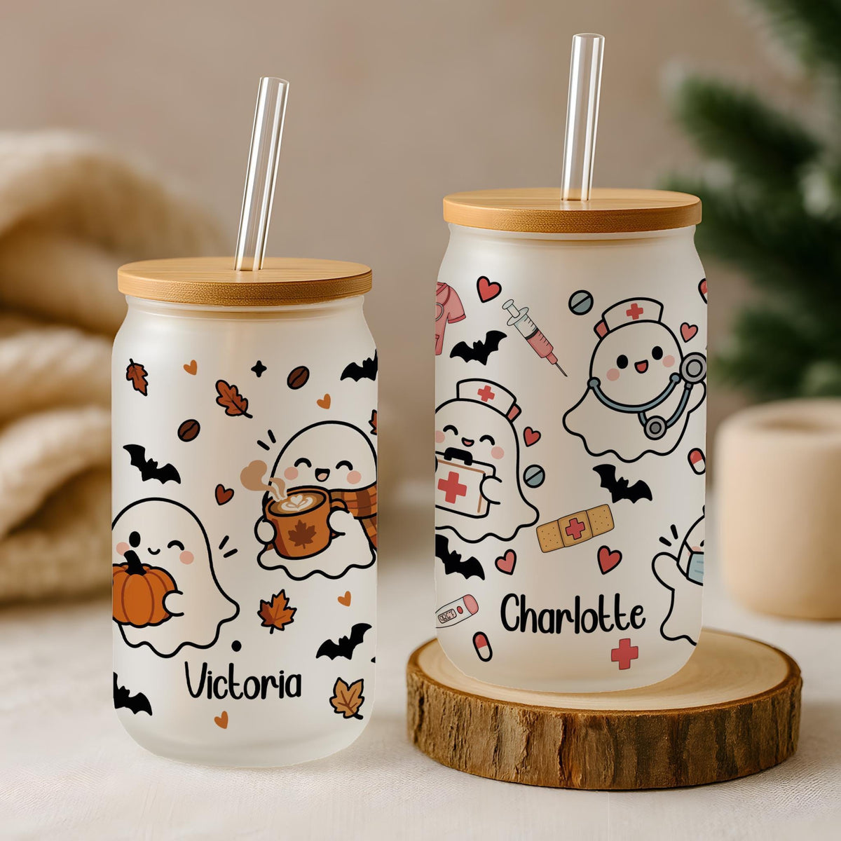 Personalized Cute Spooky Ghost Glass Tumbler, Custom Ghost Nurse Halloween Iced Coffee Cup