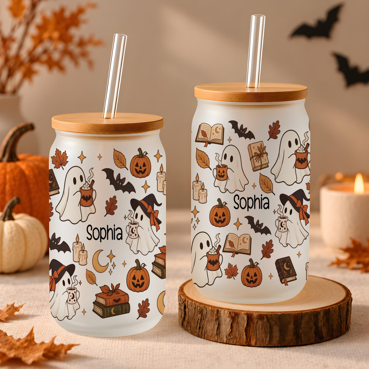 Custom Name Cute Fall Ghost Glass Can Cup, Halloween Cozy Reader Iced Coffee Tumbler