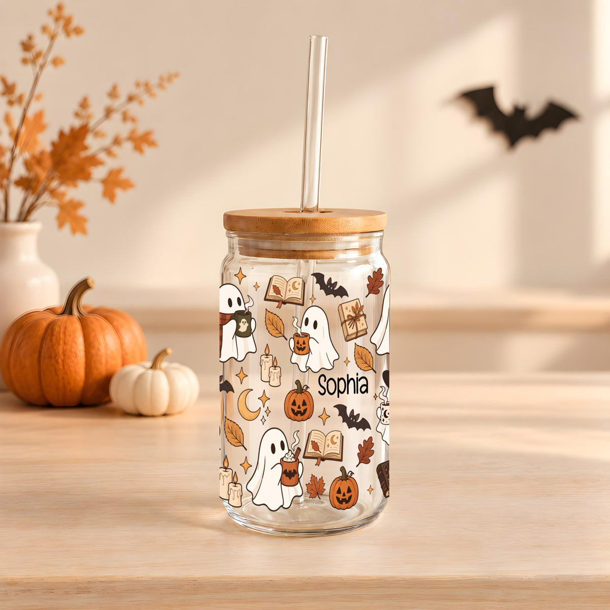 Custom Name Cute Fall Ghost Glass Can Cup, Halloween Cozy Reader Iced Coffee Tumbler