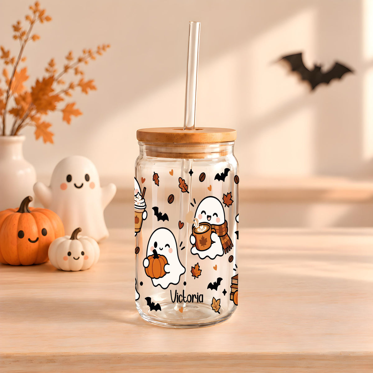 Custom Name Ghost Halloween Glass Can Cup, Cute Witch Ghost Iced Coffee Tumbler with Straw