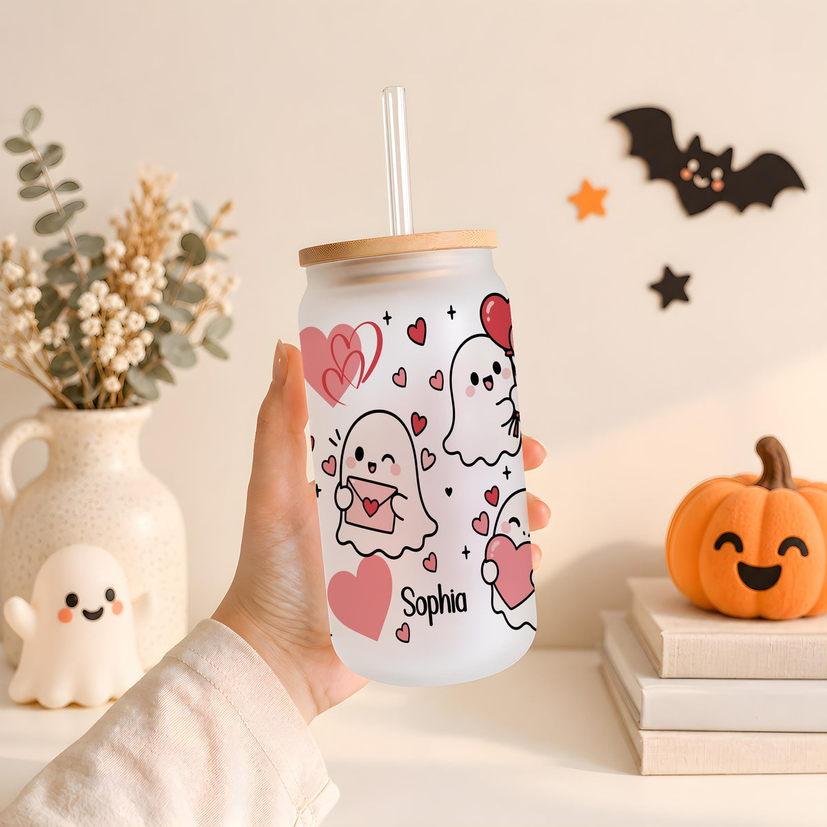 Custom Name Ghost Halloween Glass Can Cup, Cute Witch Ghost Iced Coffee Tumbler with Straw