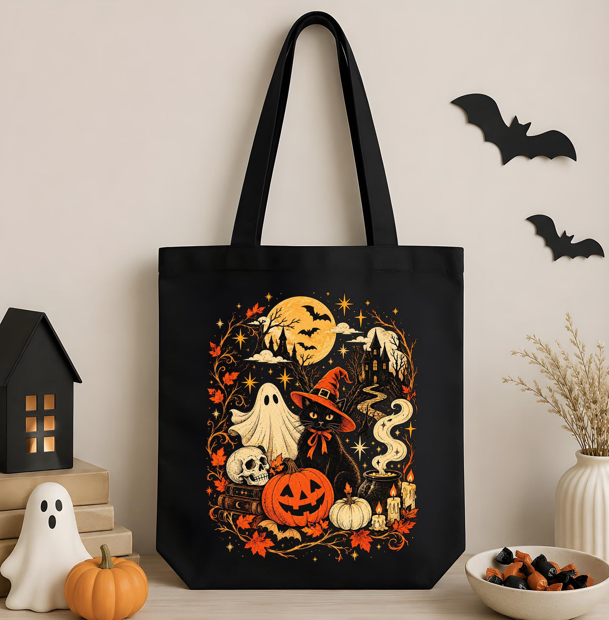 Retro Witchy Halloween Canvas Tote Bag, Spooky Ghost Pumpkin Black Cat Trick or Treat Bag