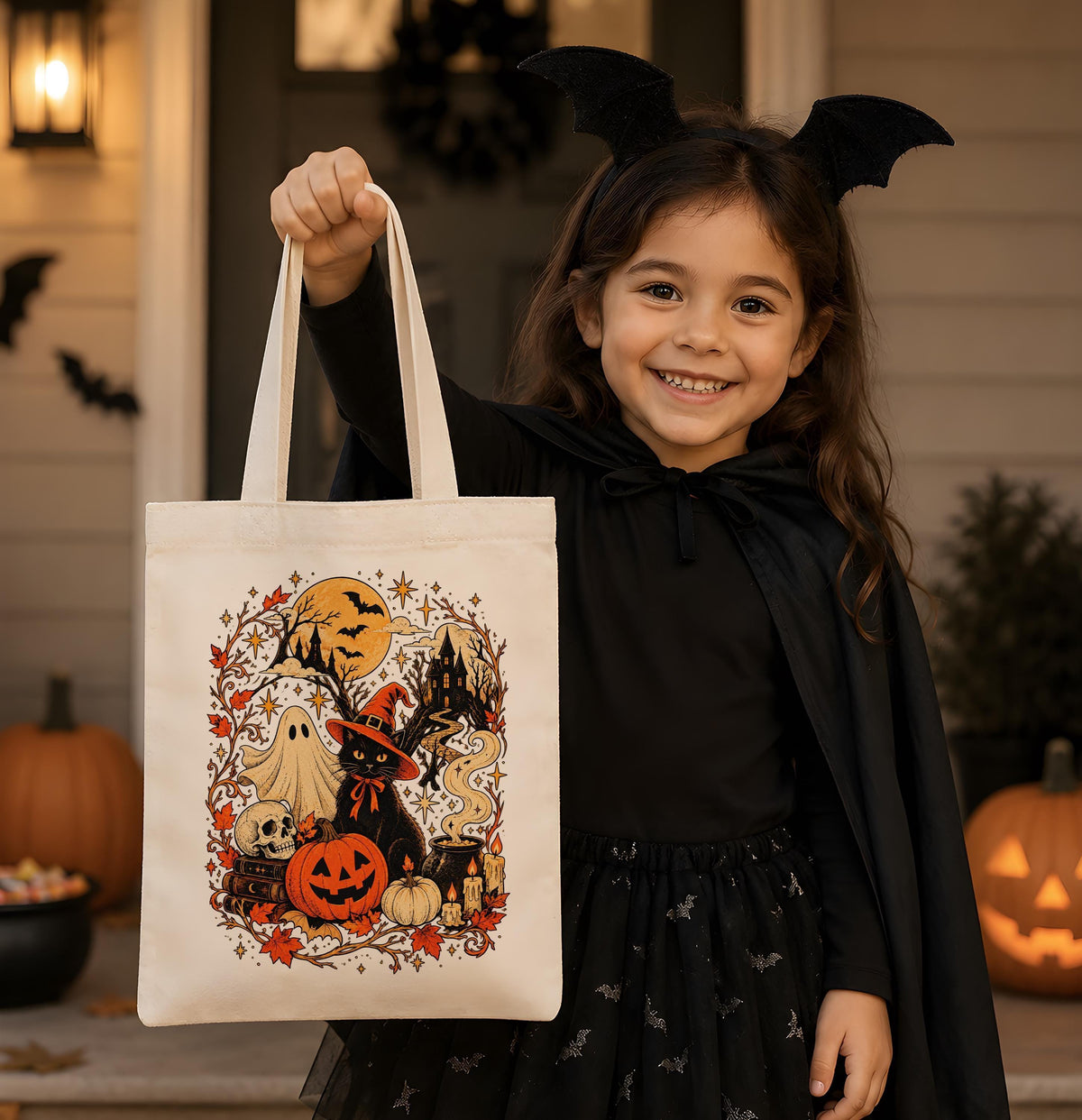 Retro Witchy Halloween Canvas Tote Bag, Spooky Ghost Pumpkin Black Cat Trick or Treat Bag