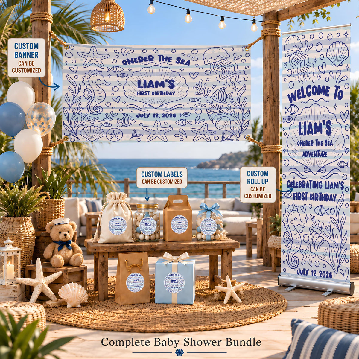 Custom Under the Sea 1st Birthday Bundle, Ocean Theme Party Banner and Favor Labels