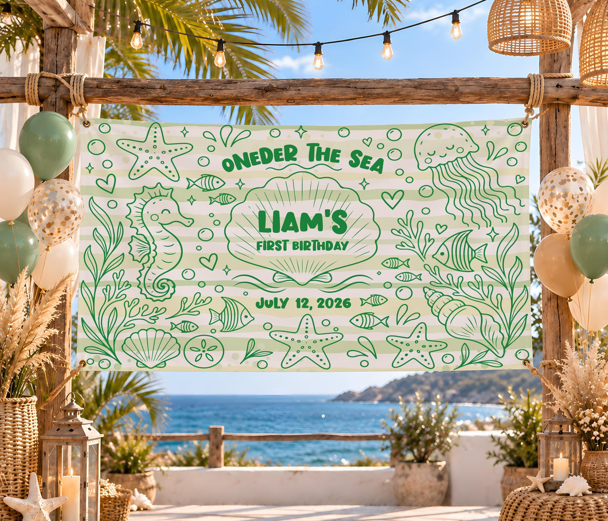 Custom Under the Sea 1st Birthday Bundle, Ocean Theme Party Banner and Favor Labels