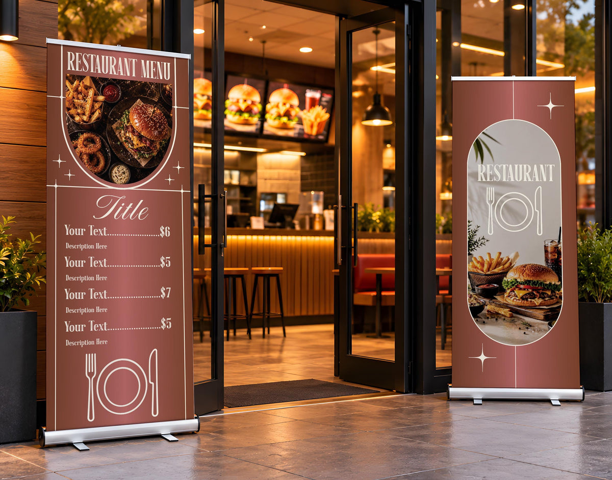 Custom Restaurant Menu Roll Up Banner, Cafe Sidewalk Display Sign