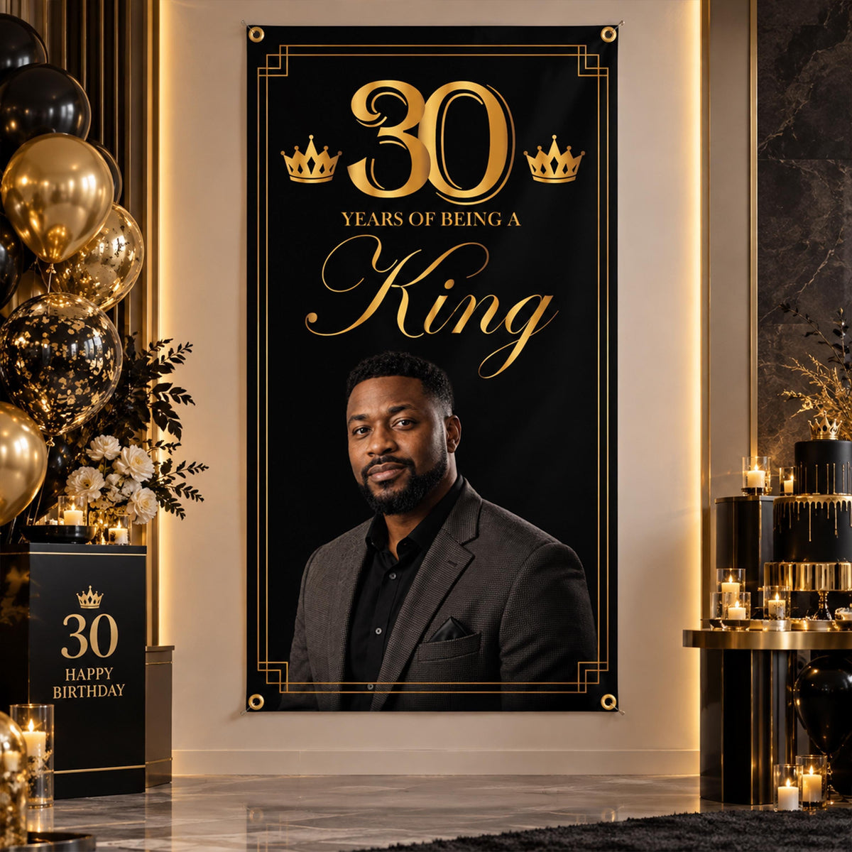 Custom 30th Birthday Photo Backdrop, Black Gold King Party Banner