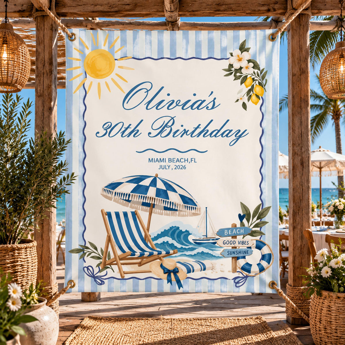 Custom Beach Theme Birthday Banner, Coastal 30th Party Backdrop