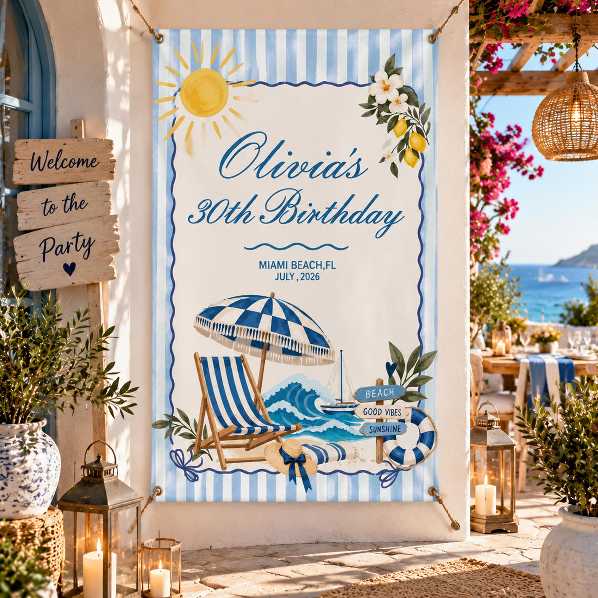 Custom Beach Theme Birthday Banner, Coastal 30th Party Backdrop