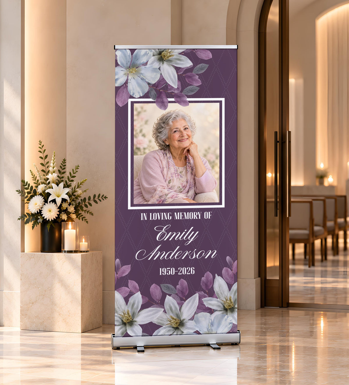Custom Funeral Welcome Roll Up Banner, Floral Celebration of Life Photo Sign