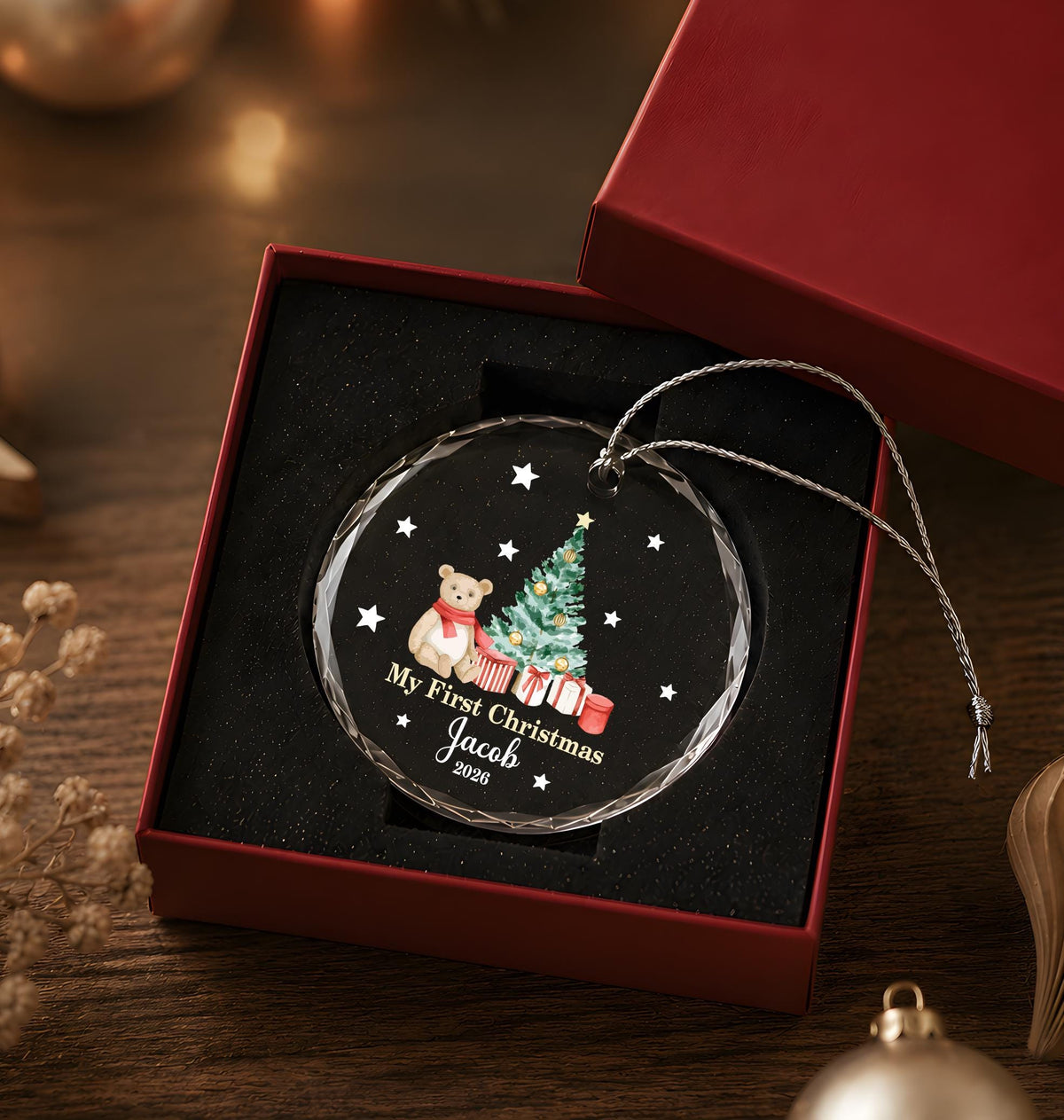 Personalized My First Christmas Glass Ornament, Teddy Bear Baby Keepsake