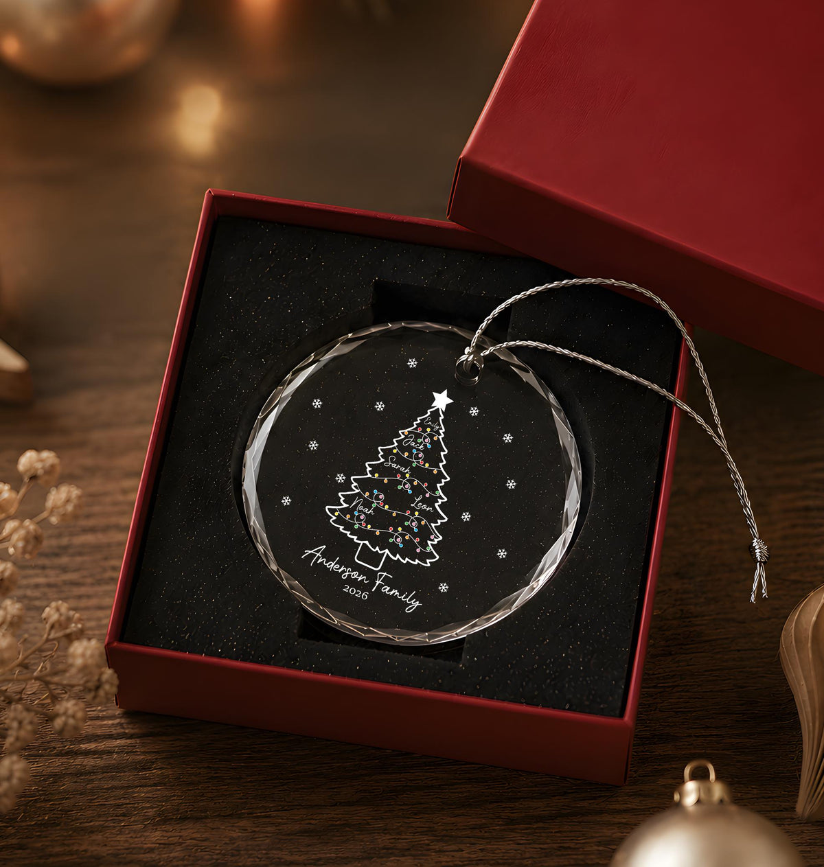 Personalized Family Name Crystal Glass Christmas Ornament, Christmas Tree Keepsake