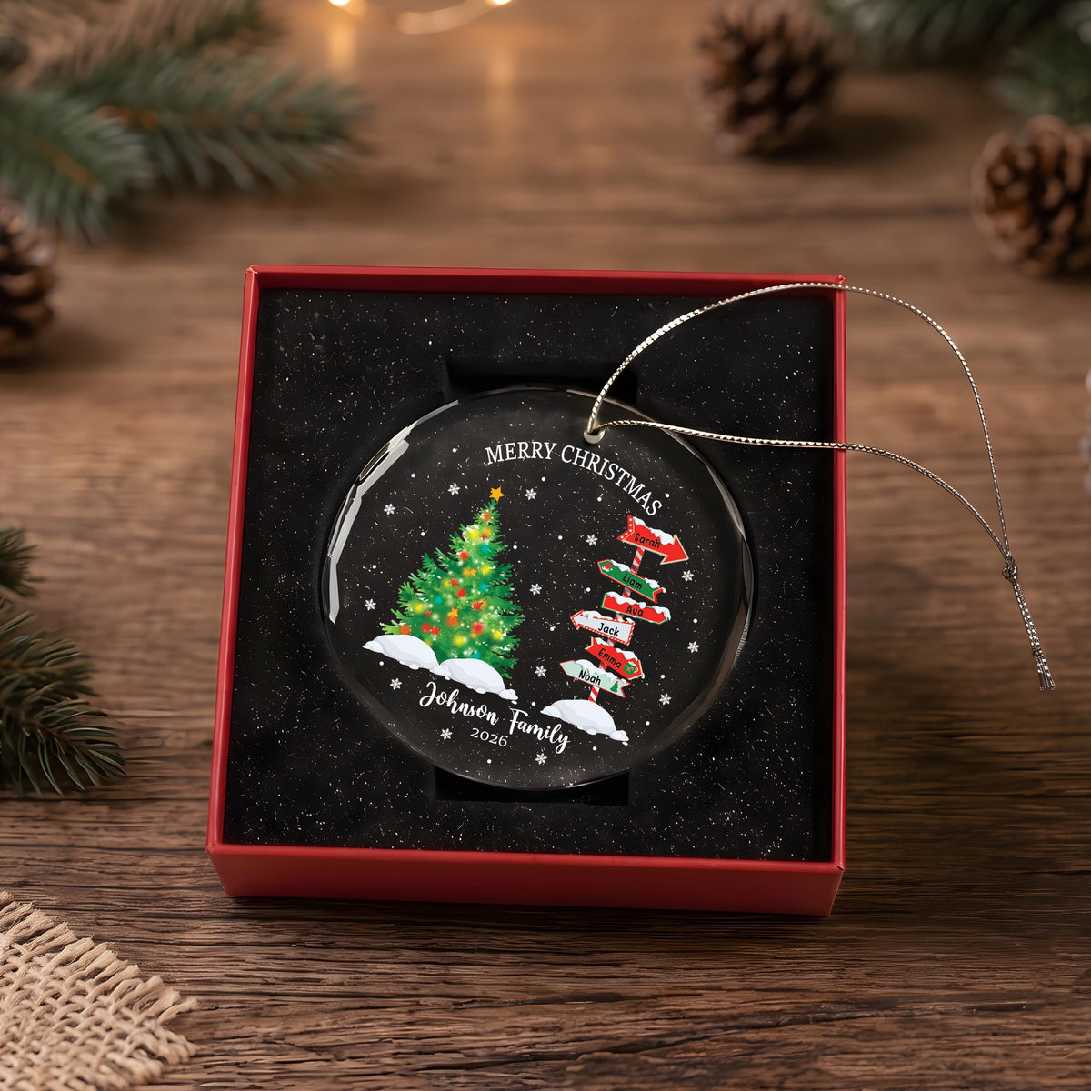 Custom Family Signpost Crystal Glass Christmas Ornament, Personalized Keepsake