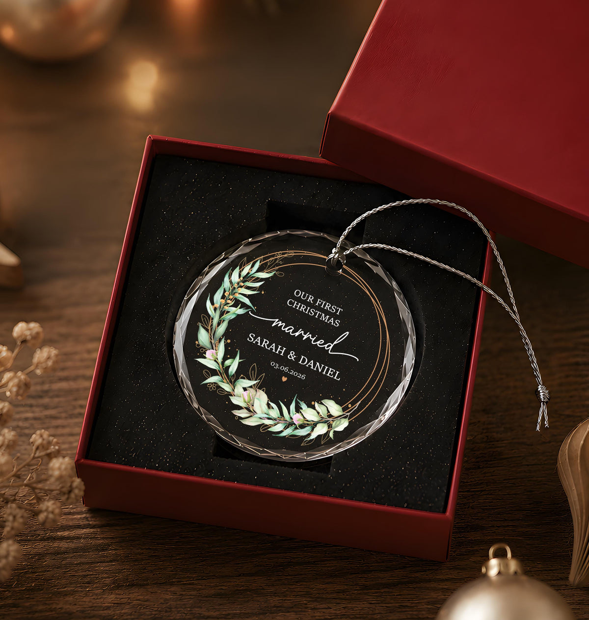 Custom Crystal Glass Our First Christmas Married Ornament, Greenery Keepsake