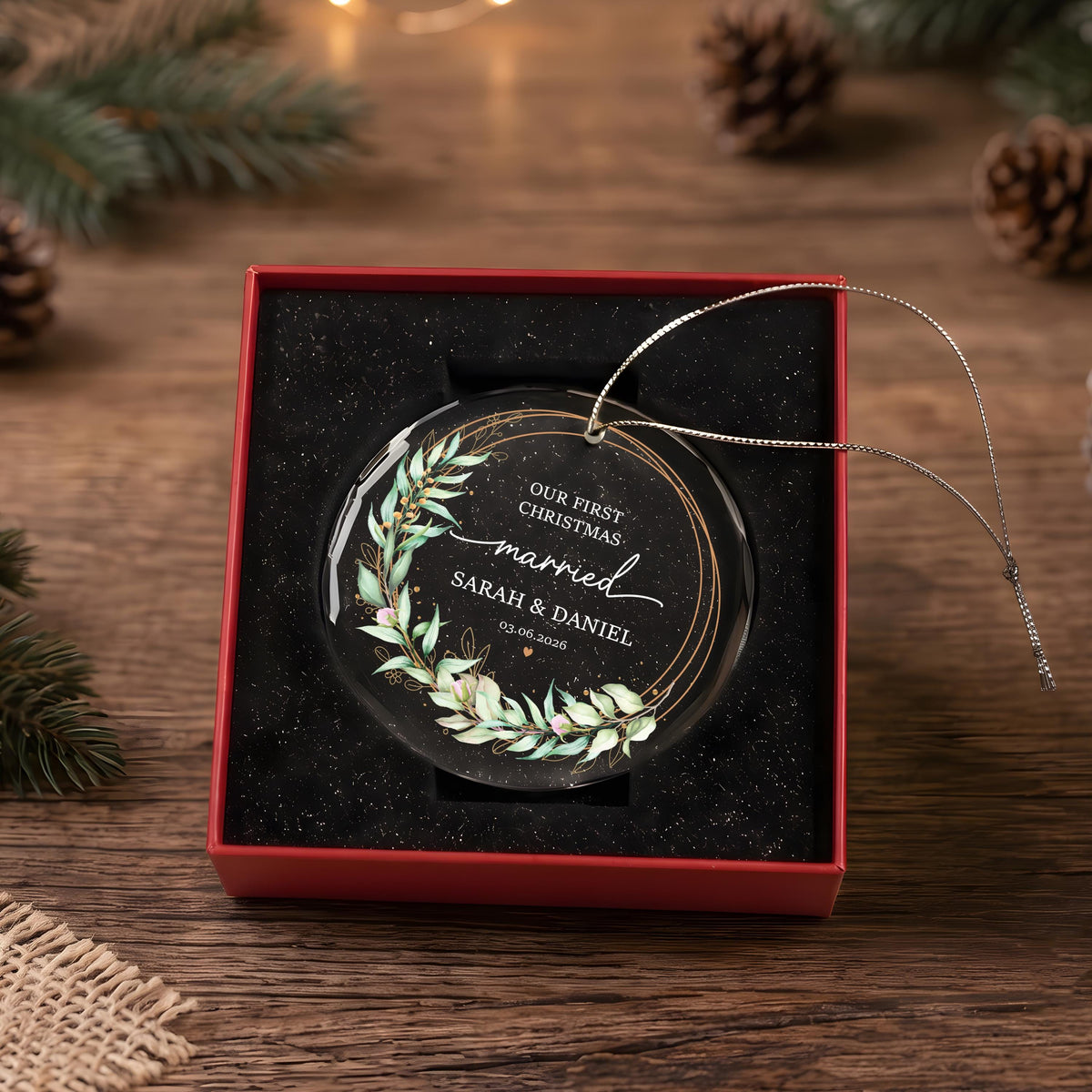 Custom Crystal Glass Our First Christmas Married Ornament, Greenery Keepsake