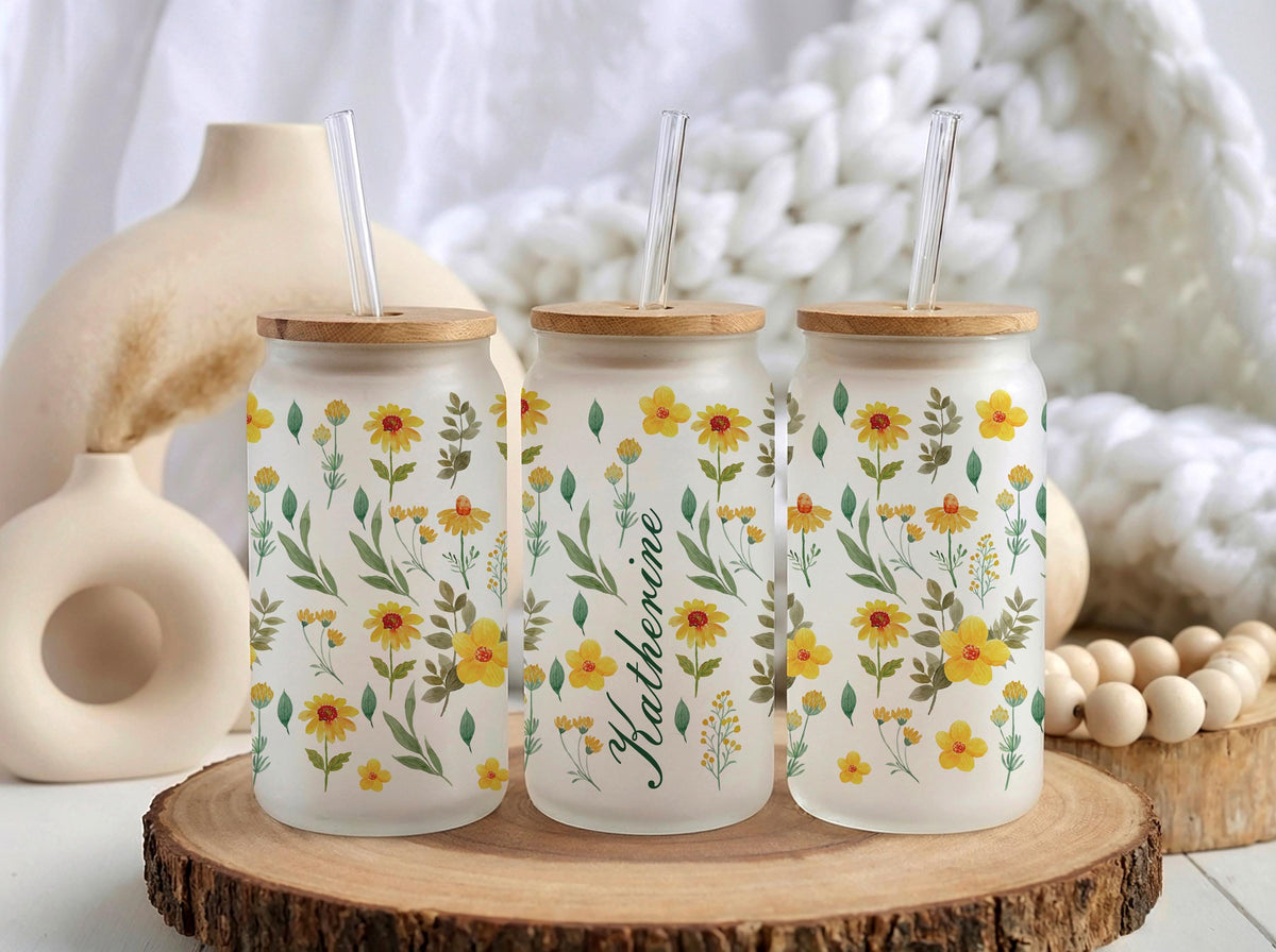 Custom Name Yellow Wildflower Glass Can Cup, Floral Iced Coffee Tumbler