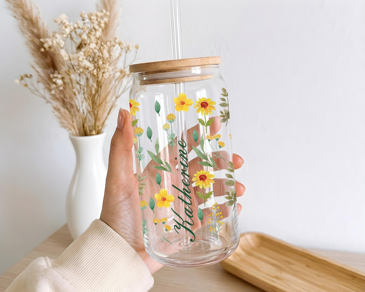 Custom Name Yellow Wildflower Glass Can Cup, Floral Iced Coffee Tumbler