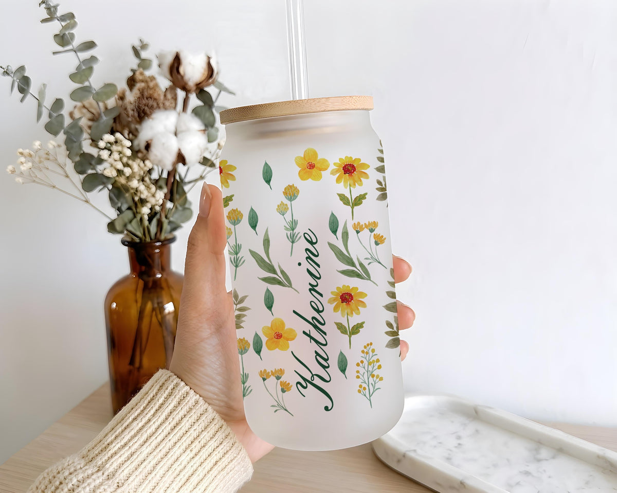 Custom Name Yellow Wildflower Glass Can Cup, Floral Iced Coffee Tumbler