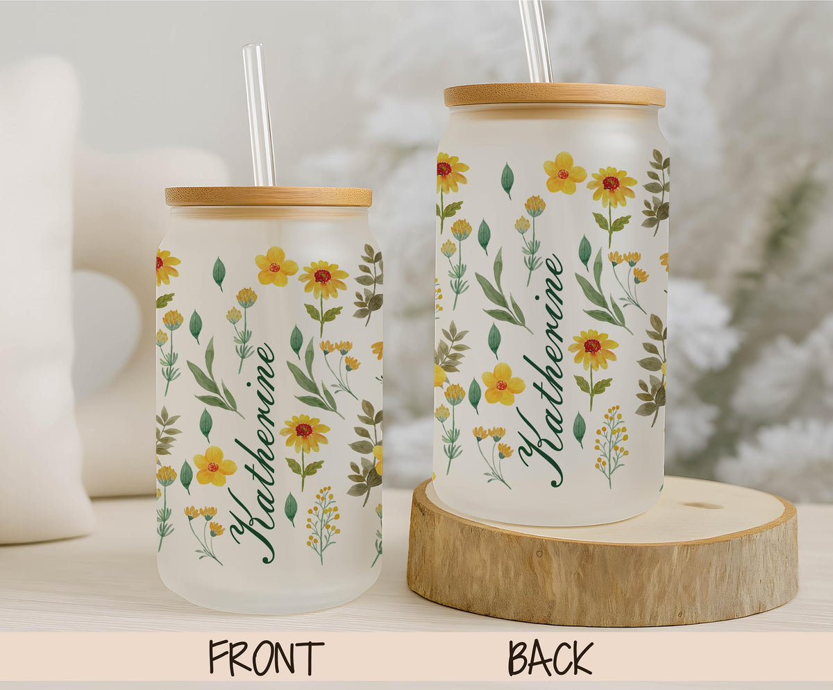 Custom Name Yellow Wildflower Glass Can Cup, Floral Iced Coffee Tumbler