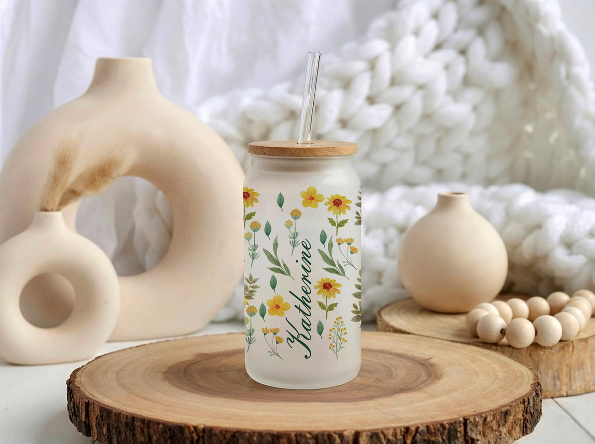 Custom Name Yellow Wildflower Glass Can Cup, Floral Iced Coffee Tumbler