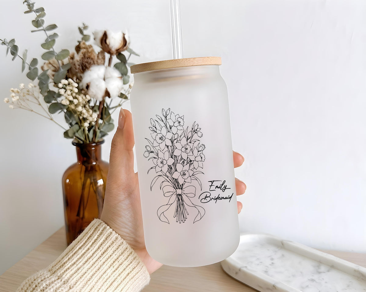 Personalized Birth Month Flower Bridesmaid Glass Can Cup, Line Art Bouquet Tumbler